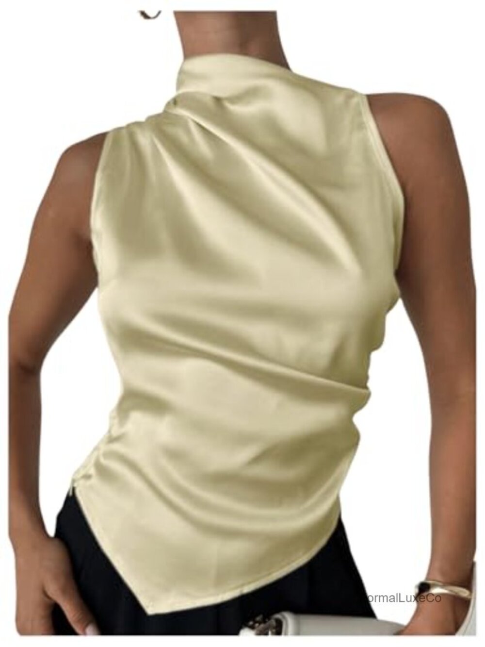 Satin Mock Neck Asymmetrical Tank Top Ruched Fitted Business Casual